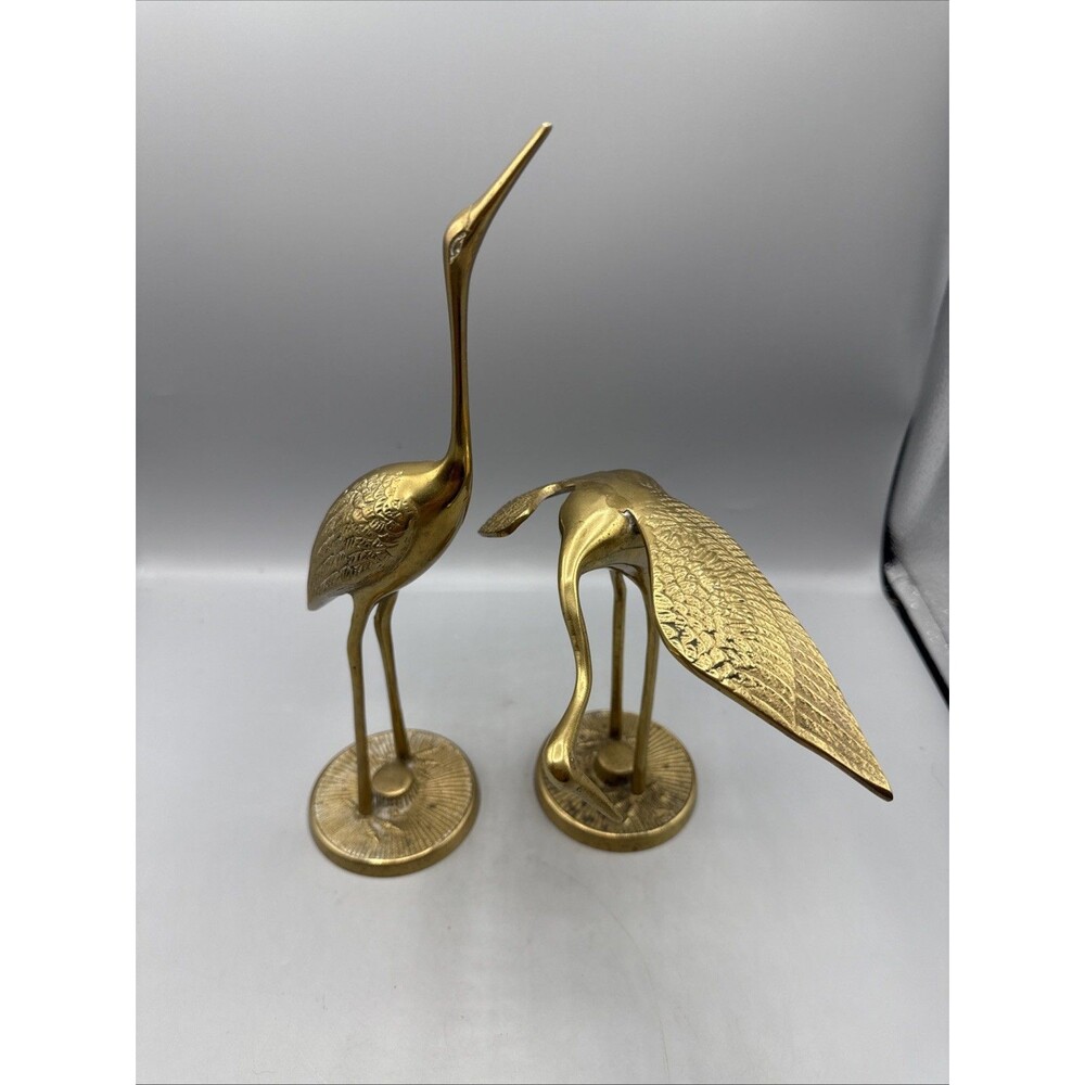 Vintage Leonard Solid Brass Heron Crane Pair Korea 12" 7" Mid-Century 1960s